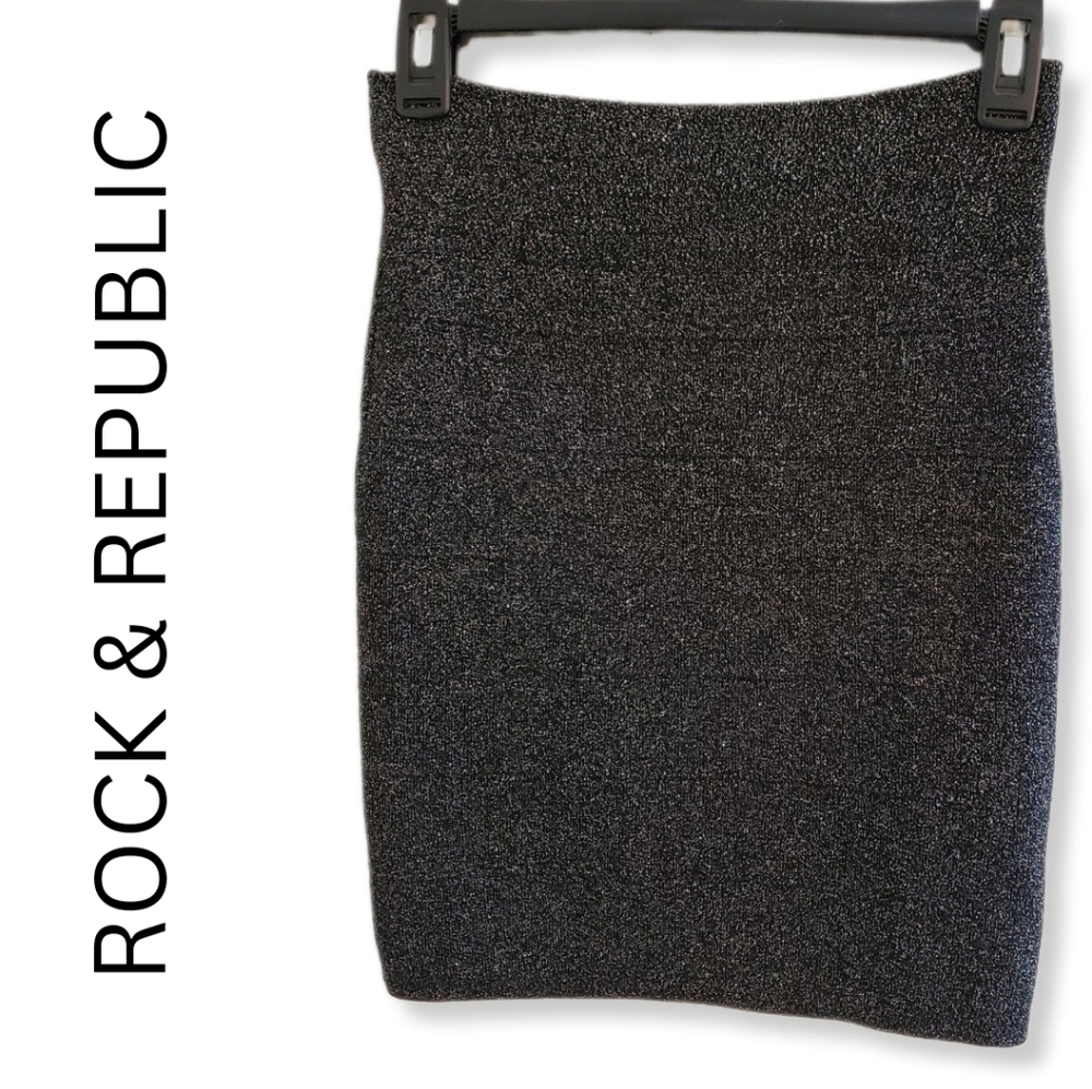 Rock & Republic Black Silver Metallic Ribbed Skirt Sz M